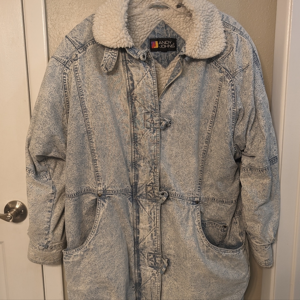 Vintage 80s Acid Wash Long Denim Sherpa Jacket Womens Size Medium Andy Johns Vtg